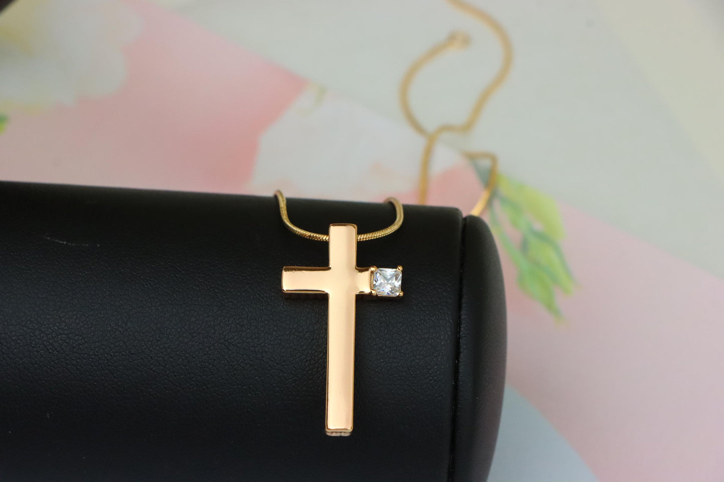 Rose Gold Cross Pendant with Square Crystal Accent in Sleek Finish, XPPT1493 (2139-2)