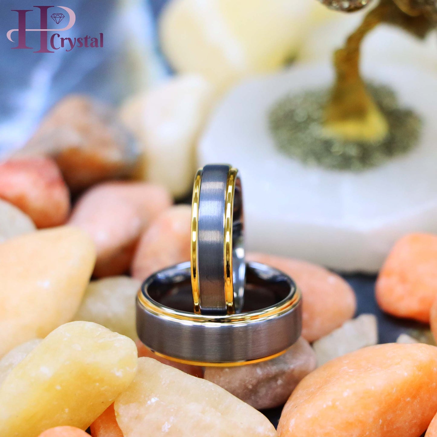 Brushed Center Yellow Gold Plated High Polish Stepped Edge Tungsten Ring