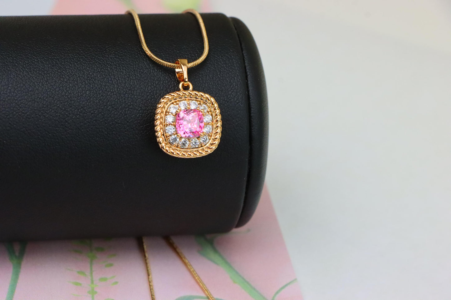 Chic Pink Cushion Pendant with Sparkling Crystal Halo Accents, XPPT1661 (2163-1)