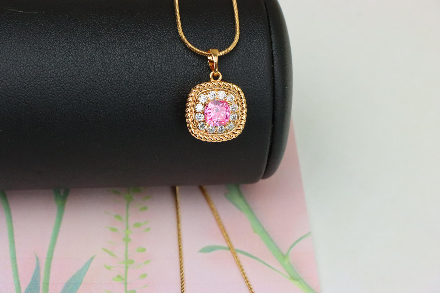 Chic Pink Cushion Pendant with Sparkling Crystal Halo Accents, XPPT1661 (2163-1)