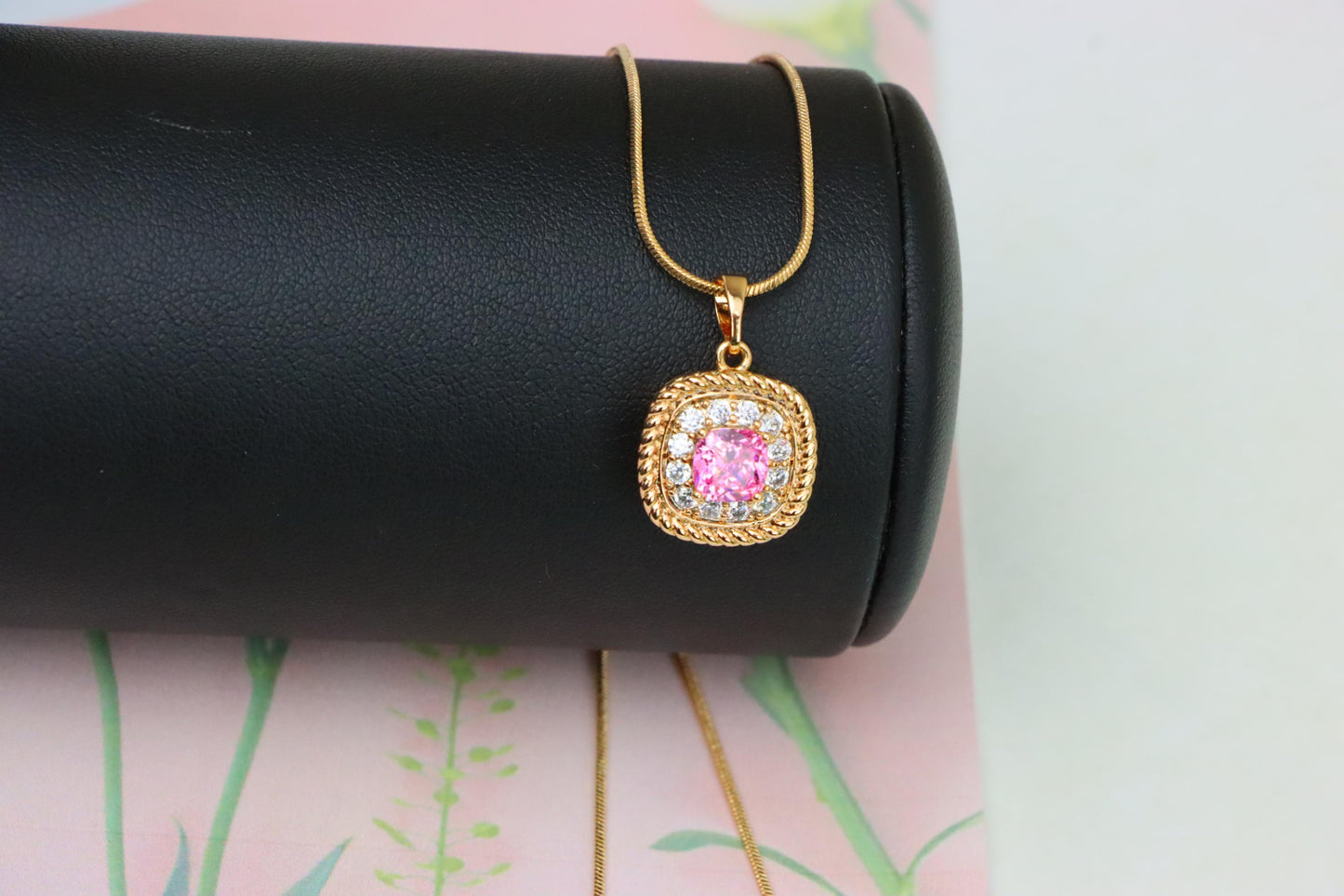 Chic Pink Cushion Pendant with Sparkling Crystal Halo Accents, XPPT1661 (2163-1)