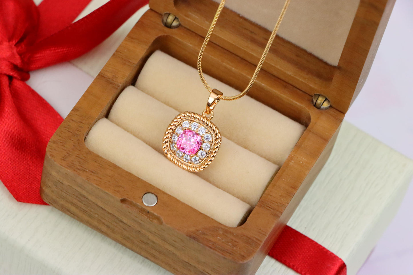 Chic Pink Cushion Pendant with Sparkling Crystal Halo Accents, XPPT1661 (2163-1)