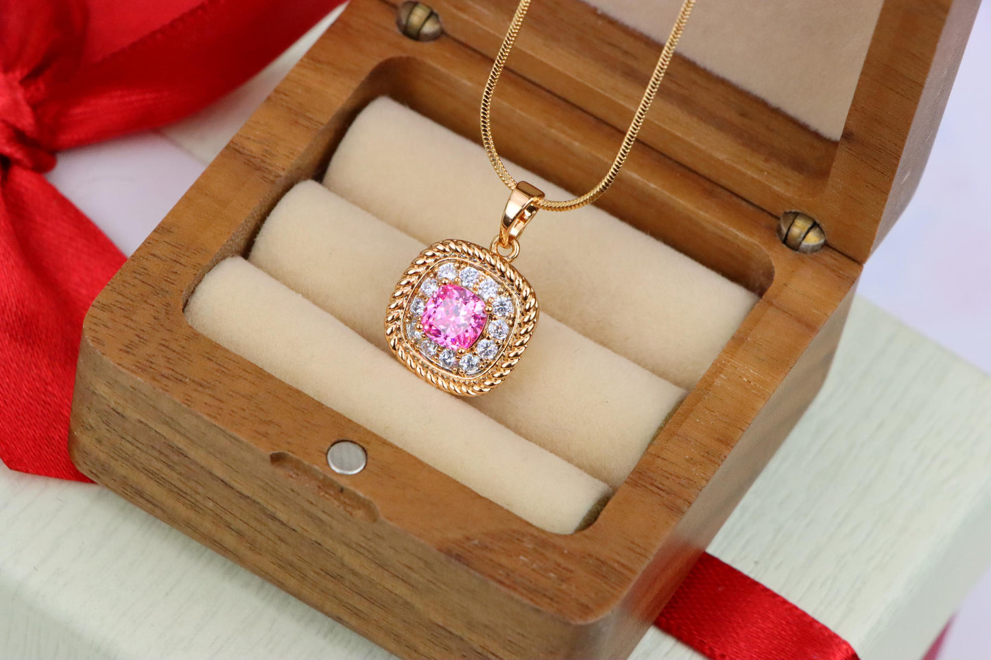 Chic Pink Cushion Pendant with Sparkling Crystal Halo Accents, XPPT1661 (2163-1)