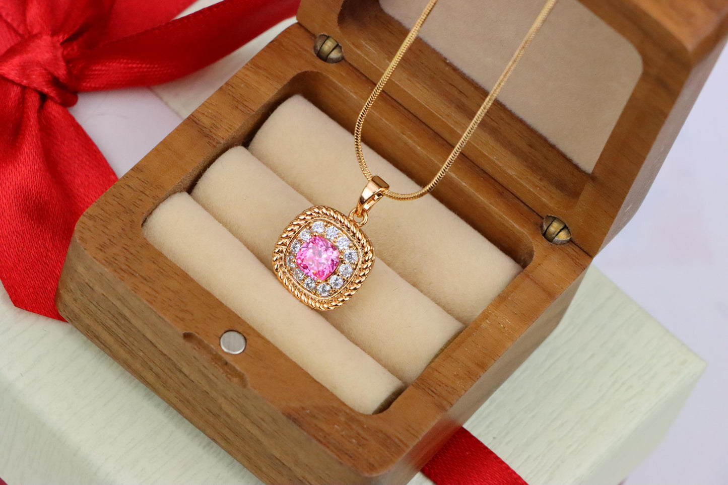 Chic Pink Cushion Pendant with Sparkling Crystal Halo Accents, XPPT1661 (2163-1)