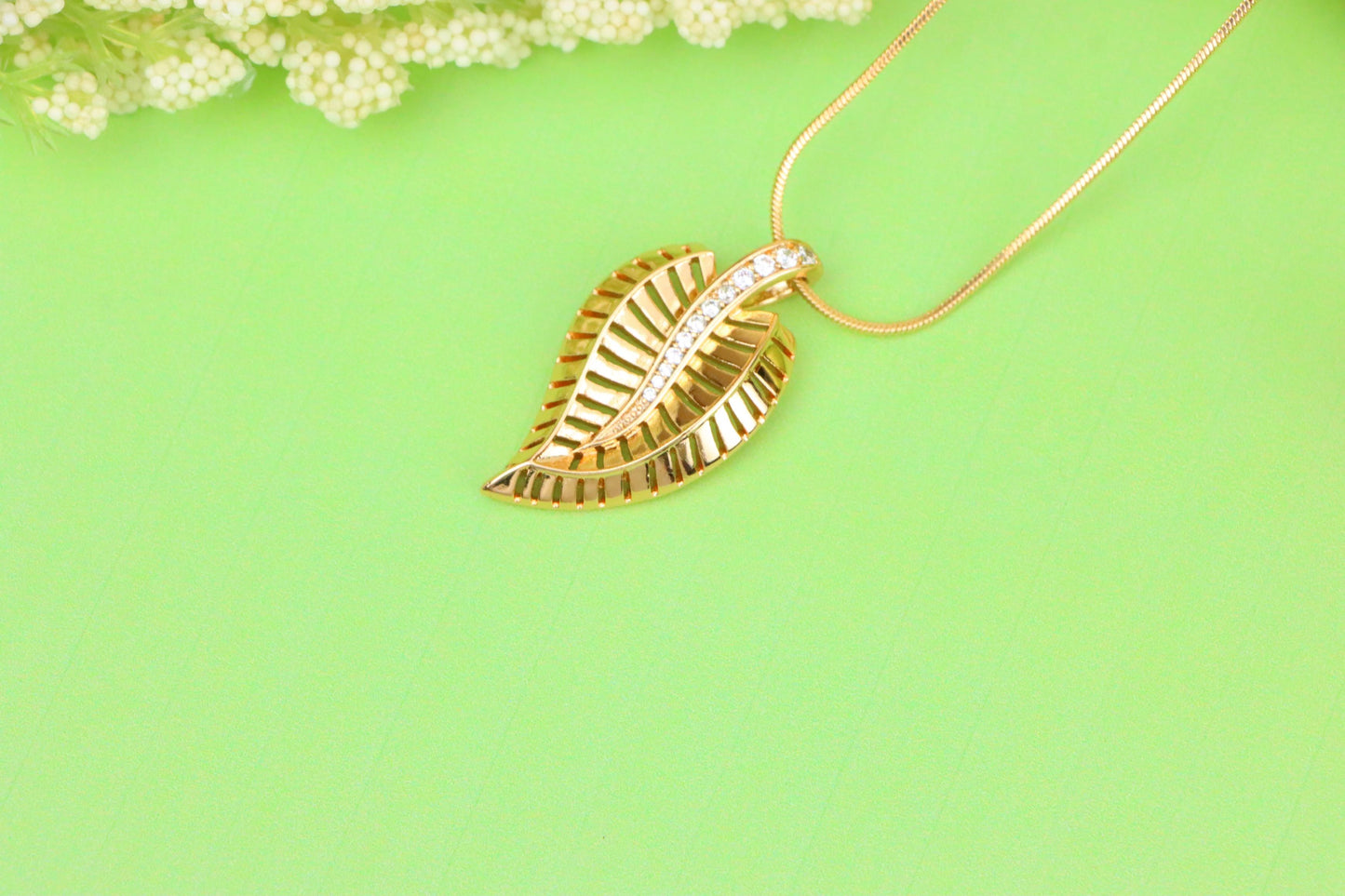 Rose Gold Leaf Pendant with Textured Detail and Crystal Spine Accent, XPPT1494 (2139-3)