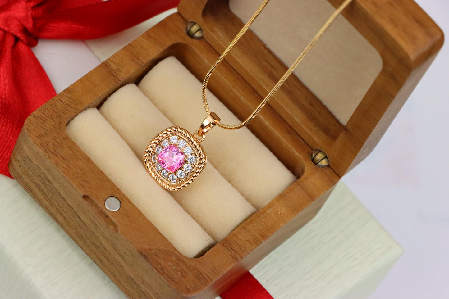 Chic Pink Cushion Pendant with Sparkling Crystal Halo Accents, XPPT1661 (2163-1)