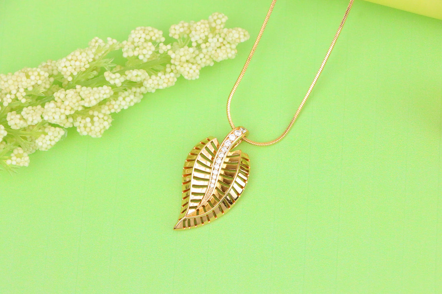 Rose Gold Leaf Pendant with Textured Detail and Crystal Spine Accent, XPPT1494 (2139-3)