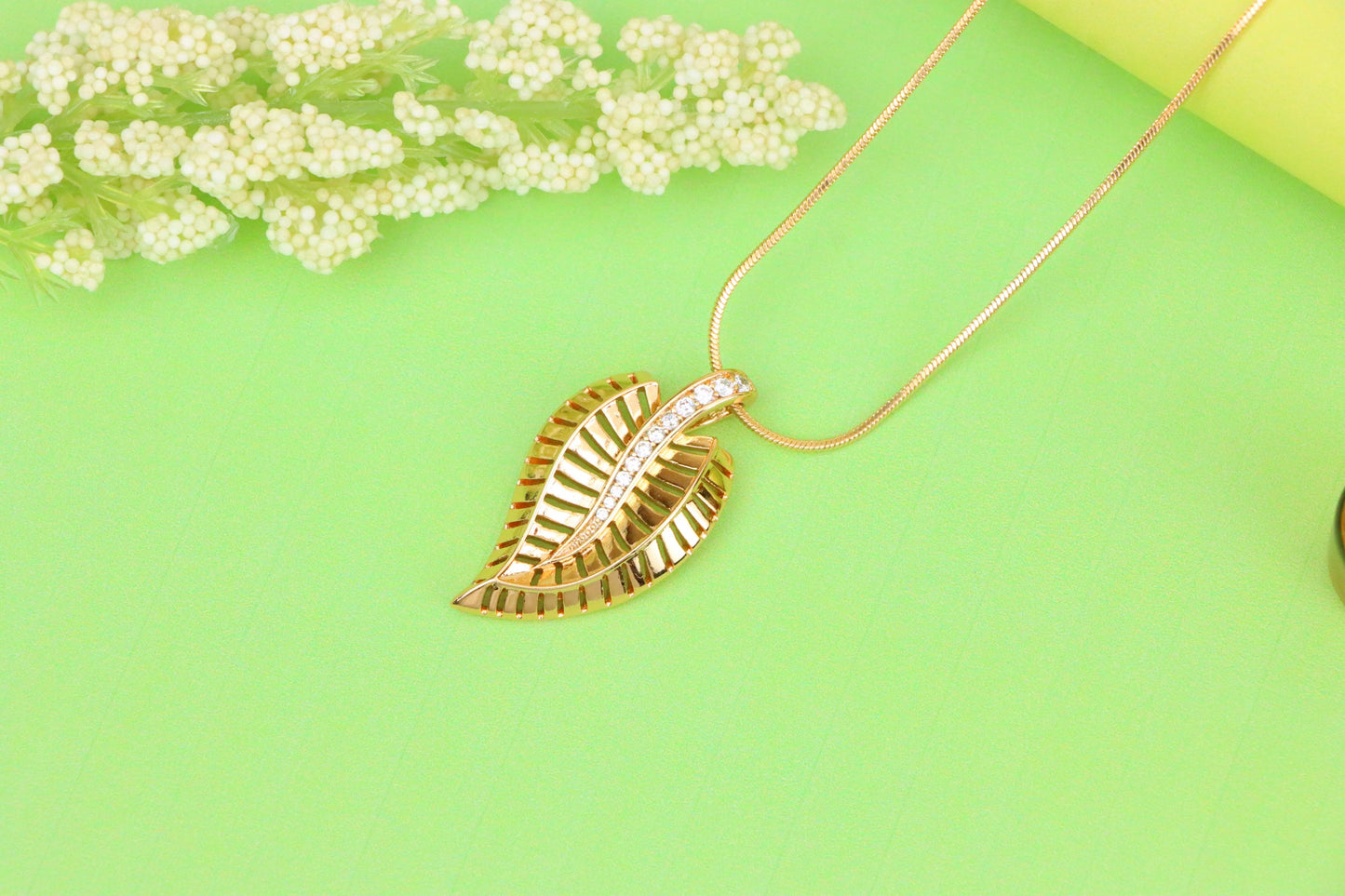 Rose Gold Leaf Pendant with Textured Detail and Crystal Spine Accent, XPPT1494 (2139-3)