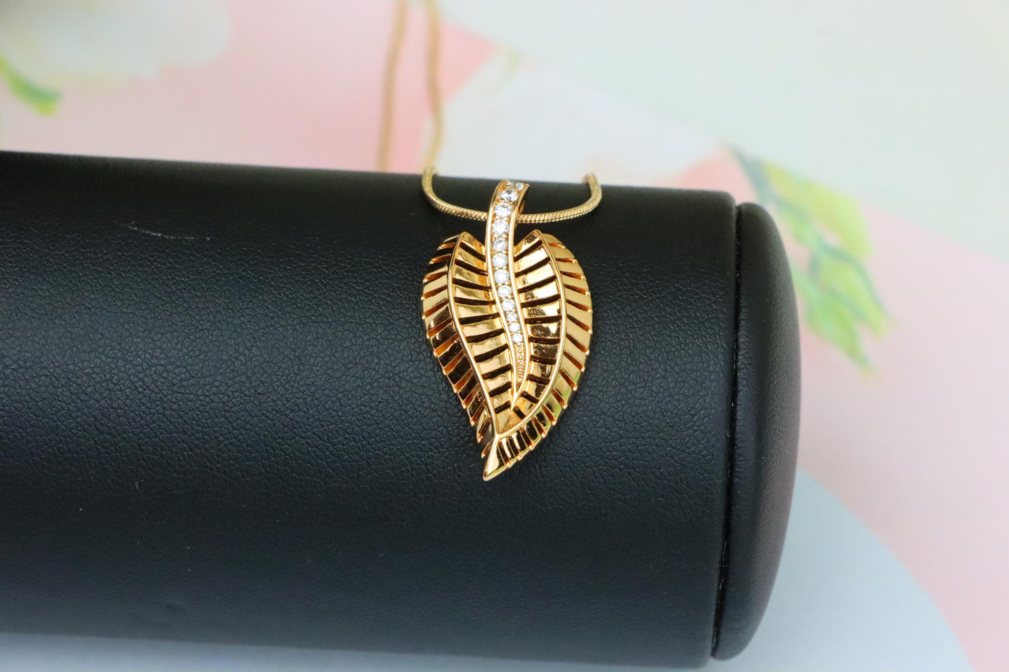 Rose Gold Leaf Pendant with Textured Detail and Crystal Spine Accent, XPPT1494 (2139-3)