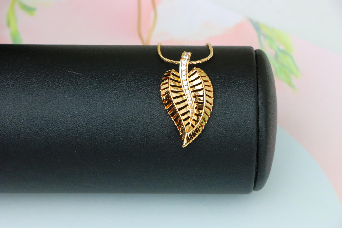 Rose Gold Leaf Pendant with Textured Detail and Crystal Spine Accent, XPPT1494 (2139-3)
