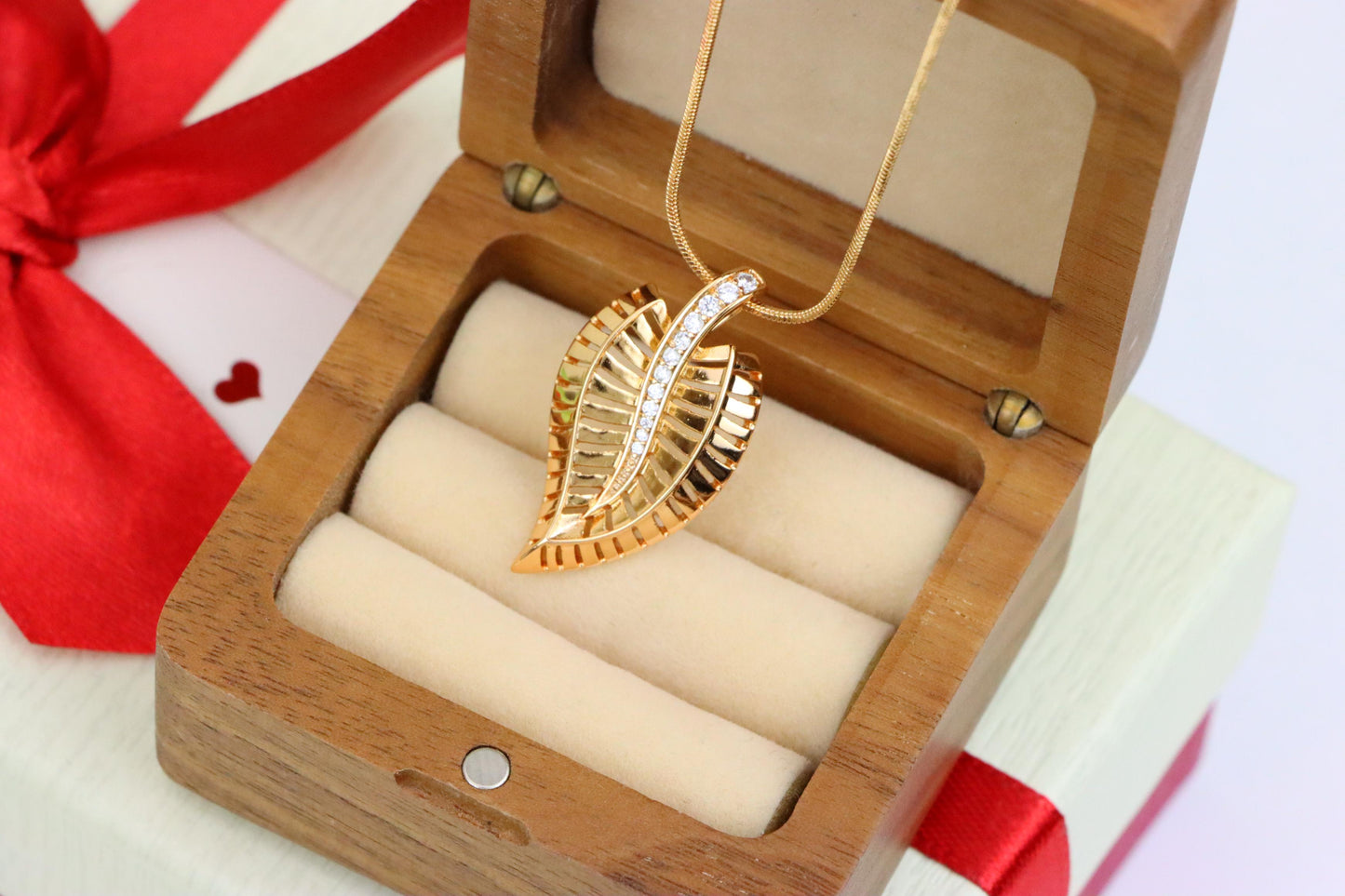Rose Gold Leaf Pendant with Textured Detail and Crystal Spine Accent, XPPT1494 (2139-3)