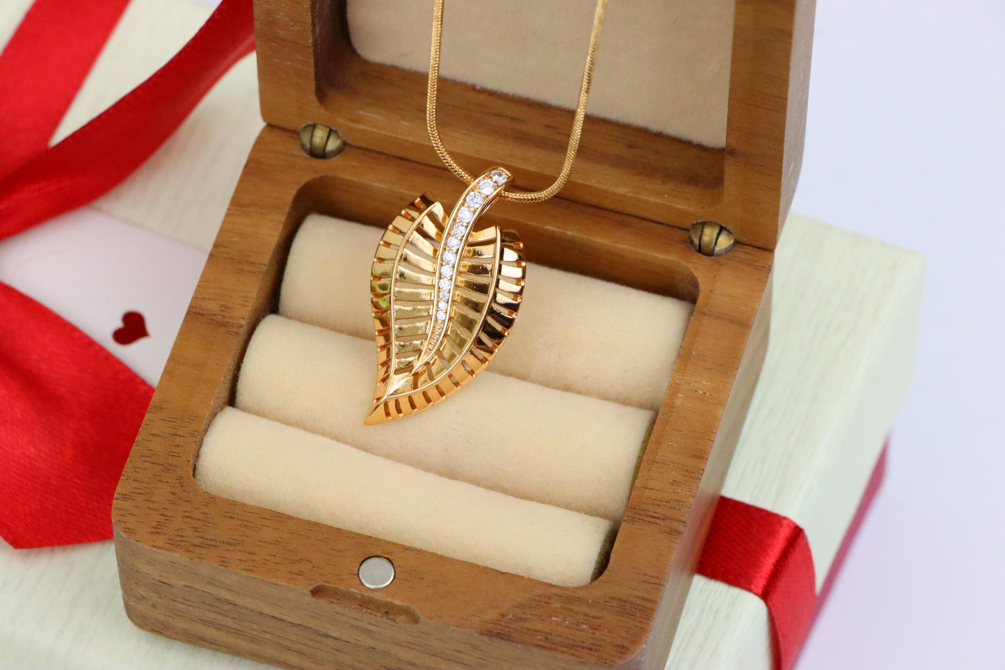 Rose Gold Leaf Pendant with Textured Detail and Crystal Spine Accent, XPPT1494 (2139-3)