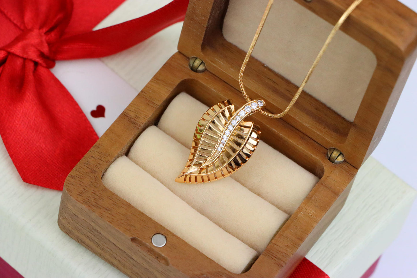 Rose Gold Leaf Pendant with Textured Detail and Crystal Spine Accent, XPPT1494 (2139-3)
