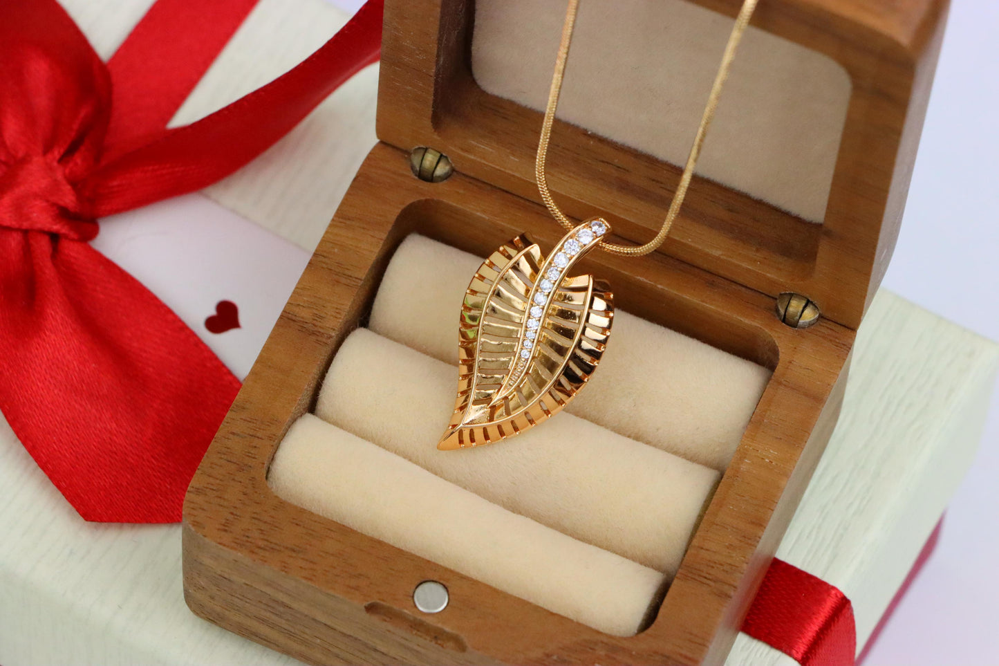 Rose Gold Leaf Pendant with Textured Detail and Crystal Spine Accent, XPPT1494 (2139-3)