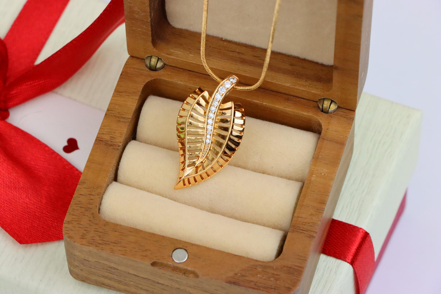 Rose Gold Leaf Pendant with Textured Detail and Crystal Spine Accent, XPPT1494 (2139-3)
