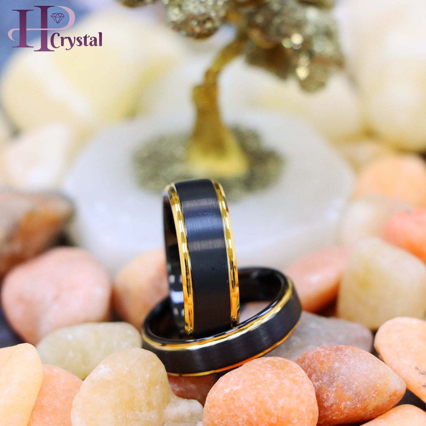 Black & Yellow Gold IP Brushed Center Step Edge Tungsten Ring