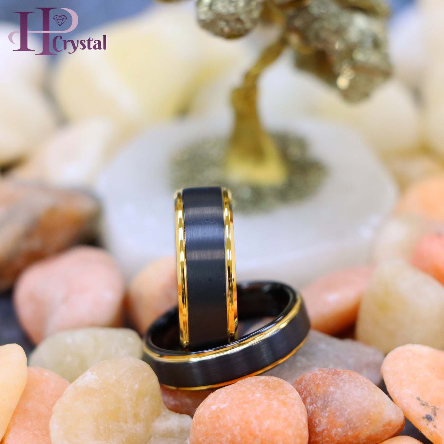 Black & Yellow Gold IP Brushed Center Step Edge Tungsten Ring