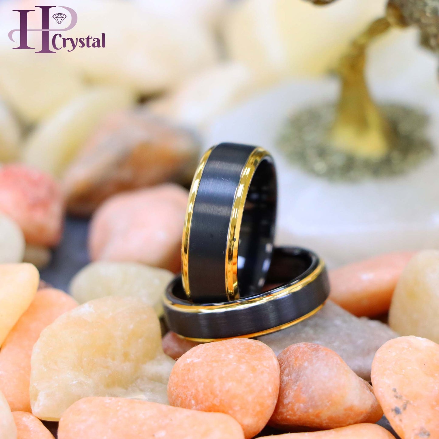 Black & Yellow Gold IP Brushed Center Step Edge Tungsten Ring