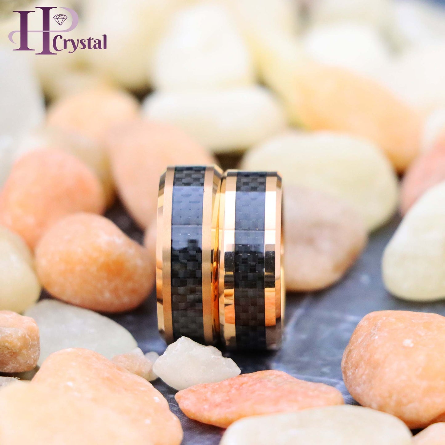 High Polish Rose Gold Plated with Black Carbon Fiber Inlay & Beveled Edge Tungsten Ring