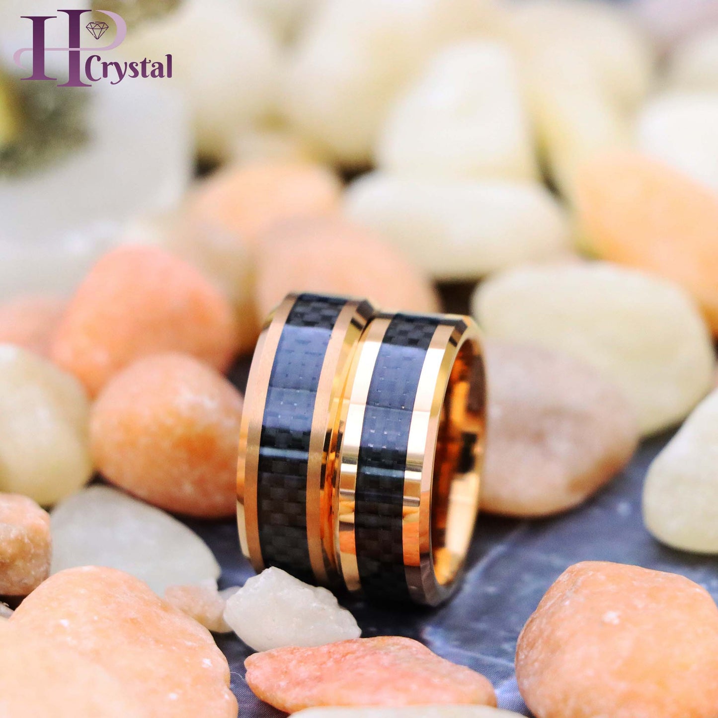 High Polish Rose Gold Plated with Black Carbon Fiber Inlay & Beveled Edge Tungsten Ring