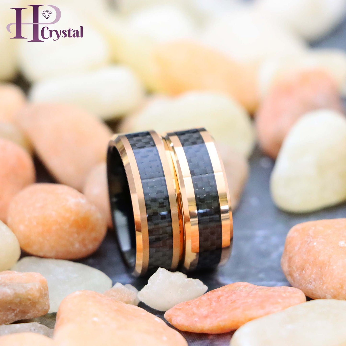 High Polish Rose Gold Plated with Black Carbon Fiber Inlay & Beveled Edge Tungsten Ring