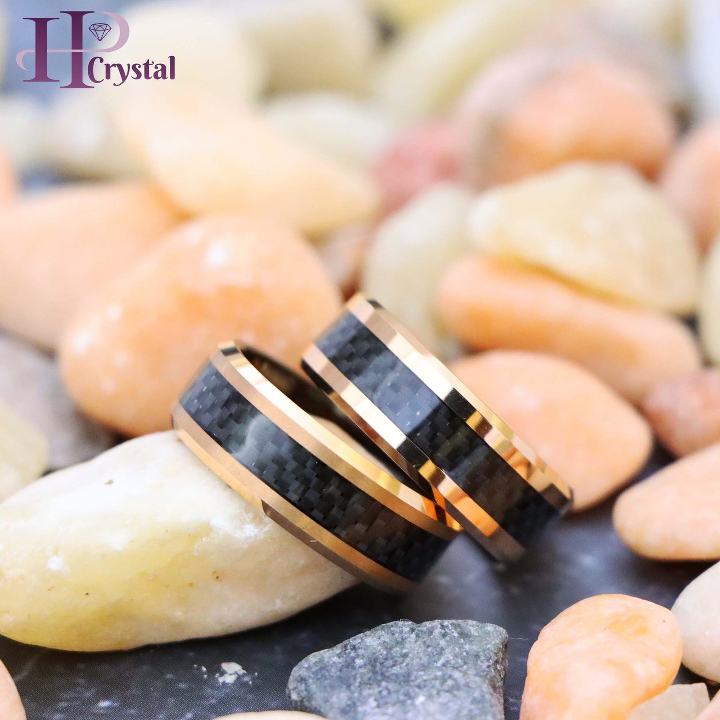 High Polish Rose Gold Plated with Black Carbon Fiber Inlay & Beveled Edge Tungsten Ring