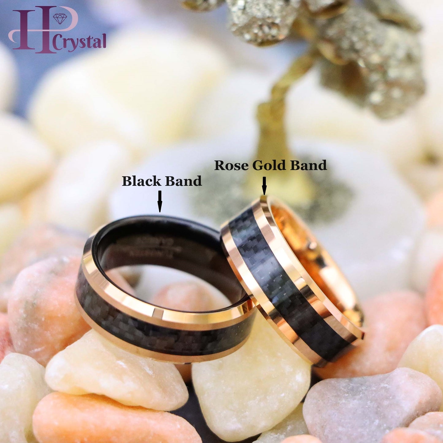 High Polish Rose Gold Plated with Black Carbon Fiber Inlay & Beveled Edge Tungsten Ring