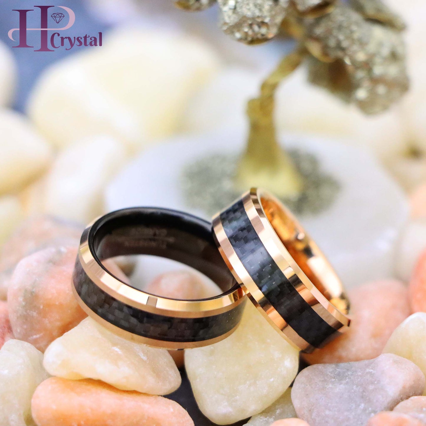 High Polish Rose Gold Plated with Black Carbon Fiber Inlay & Beveled Edge Tungsten Ring