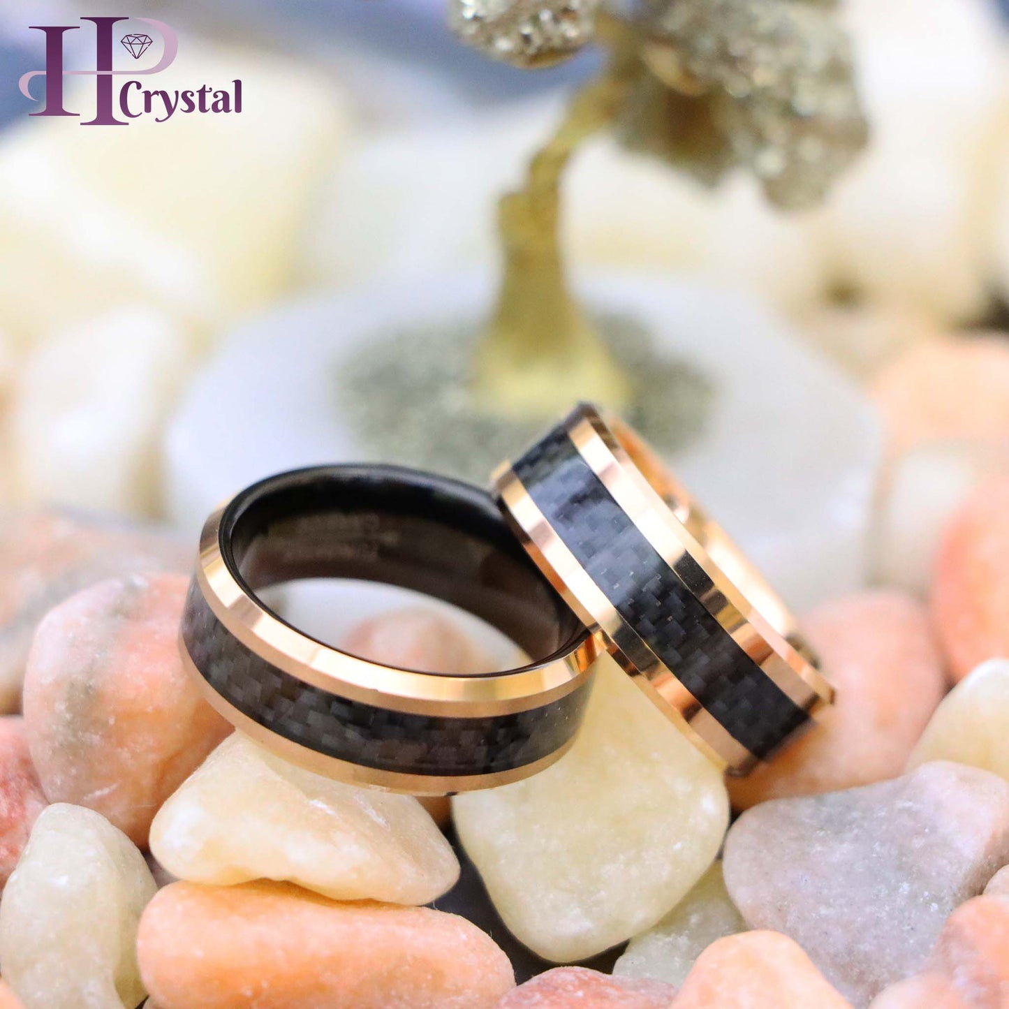 High Polish Rose Gold Plated with Black Carbon Fiber Inlay & Beveled Edge Tungsten Ring