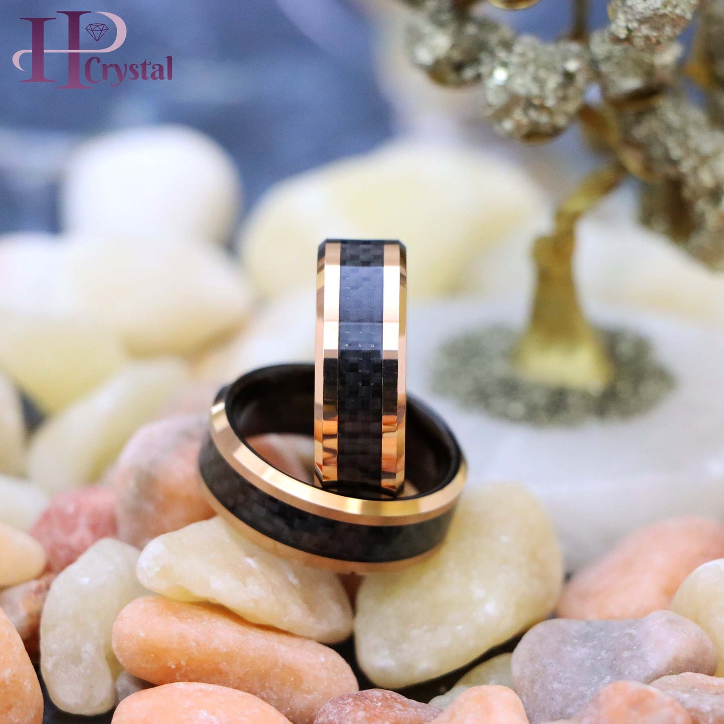 High Polish Rose Gold Plated with Black Carbon Fiber Inlay & Beveled Edge Tungsten Ring