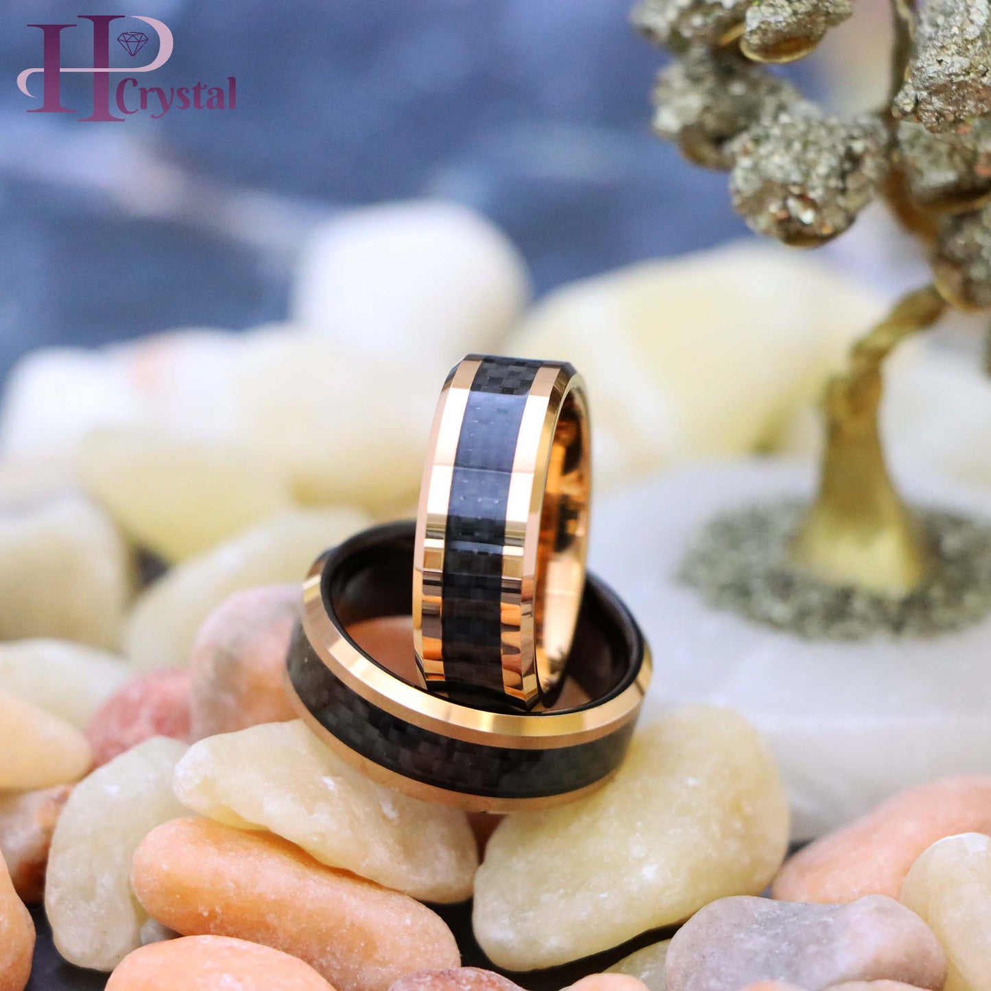 High Polish Rose Gold Plated with Black Carbon Fiber Inlay & Beveled Edge Tungsten Ring