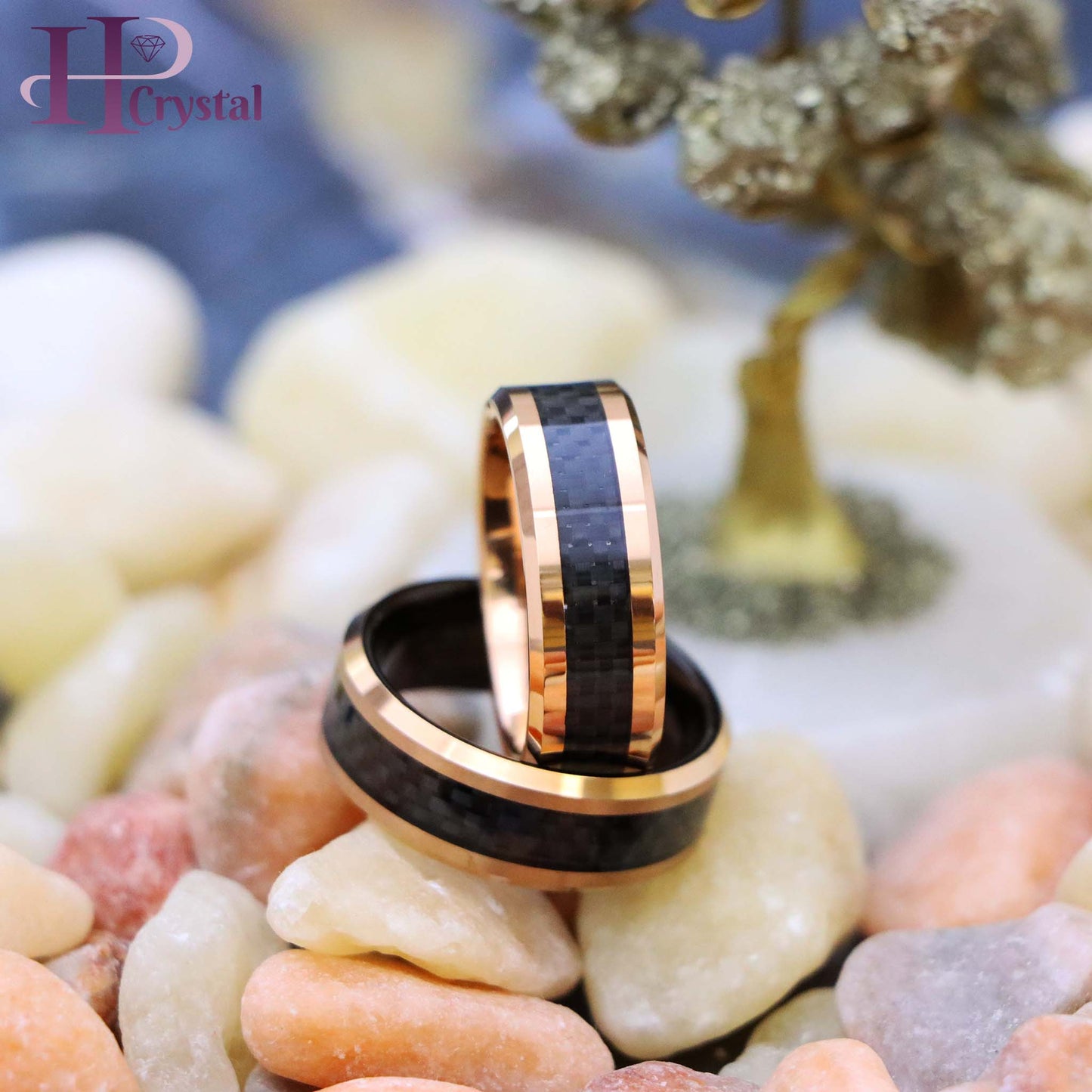 High Polish Rose Gold Plated with Black Carbon Fiber Inlay & Beveled Edge Tungsten Ring