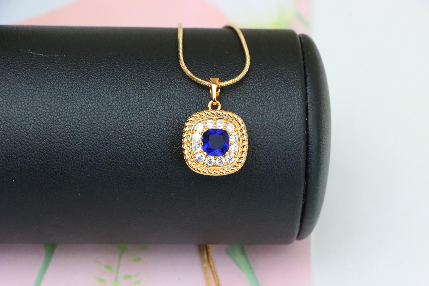 Elegant Blue Square Pendant with Sparkling Crystal Border, XPPT1664 (2163-1)