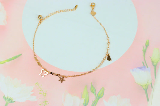 Rose Gold Anklet with Star, Butterfly & Bell Charms, XPAL1051 (2105-10)