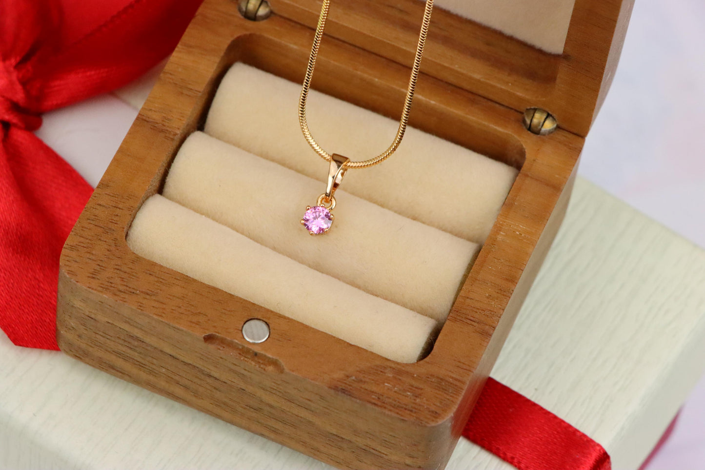 Tiny Round Pink Pendant in Gold Finish for Delicate Everyday Look, XPPT1653 (2163-2)