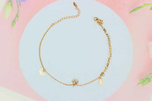 Rose Gold Butterfly and Floral Charm Anklet, XPAL1053 (2106-2)