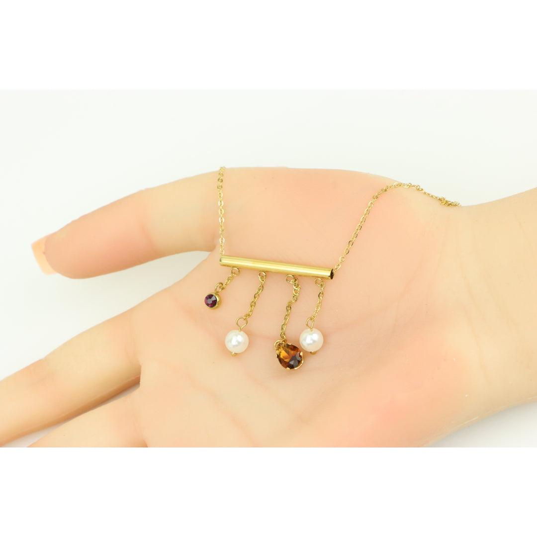 Yellow Gold Plated Pearl Drop Necklace with Crystal Charms, XPNL0361 (2037-1)