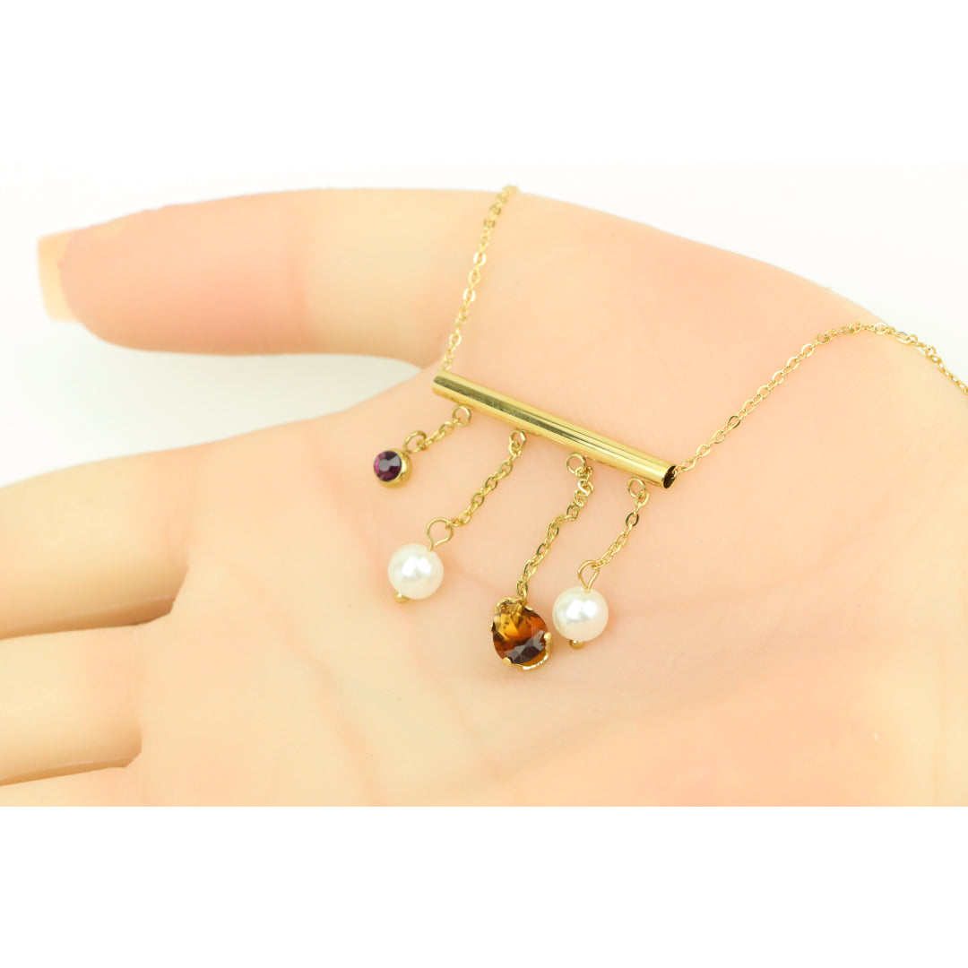 Yellow Gold Plated Pearl Drop Necklace with Crystal Charms, XPNL0361 (2037-1)