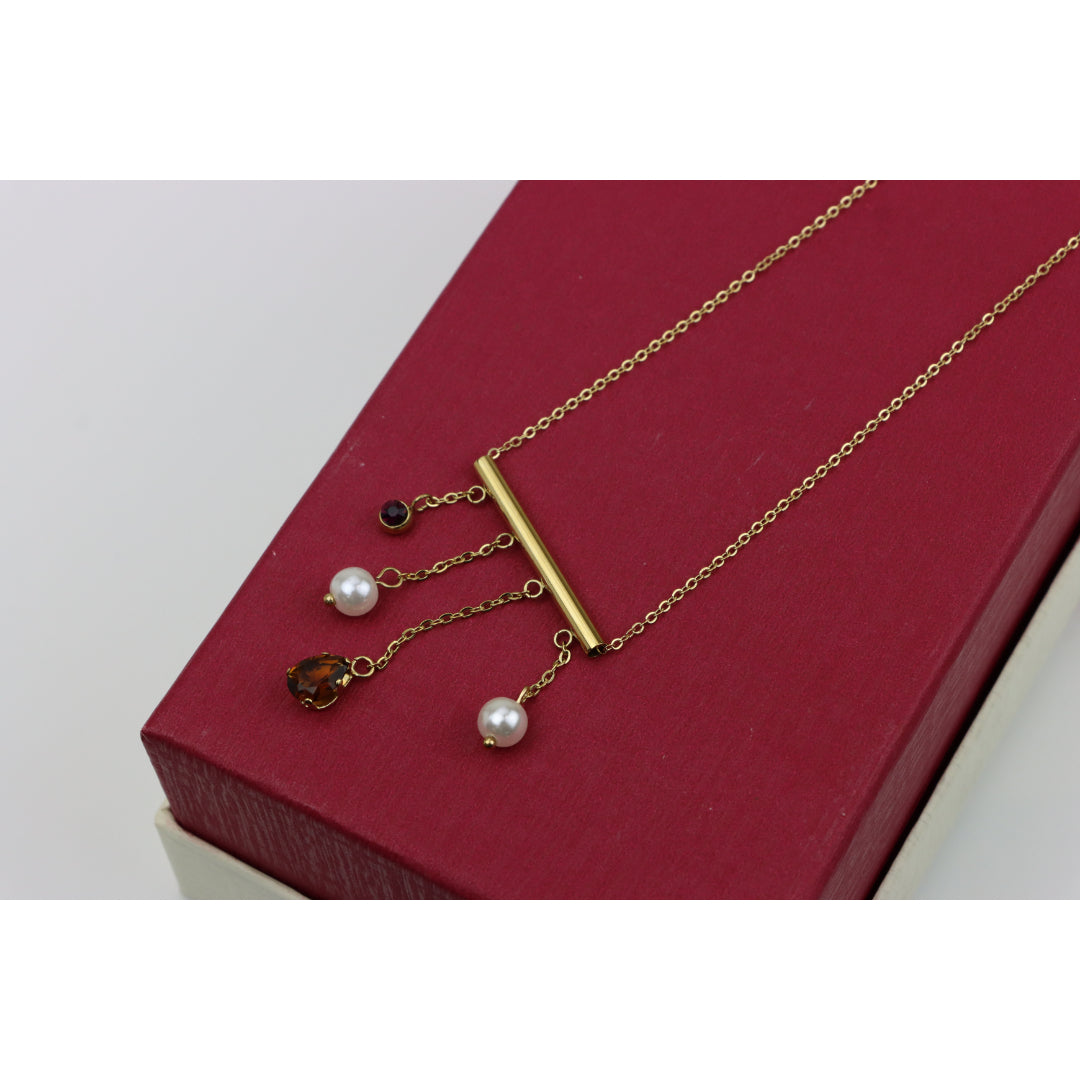 Yellow Gold Plated Pearl Drop Necklace with Crystal Charms, XPNL0361 (2037-1)