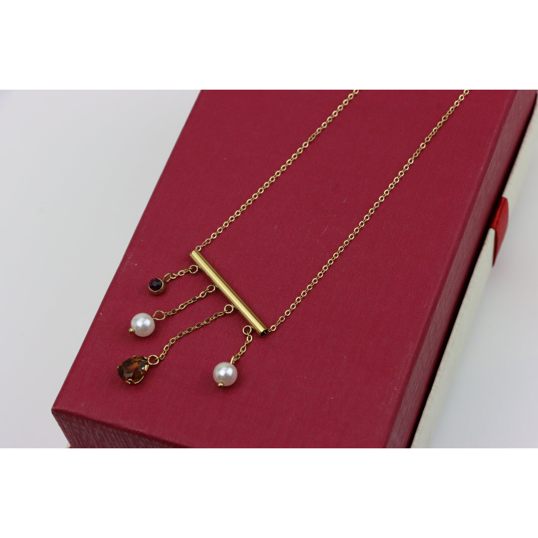 Yellow Gold Plated Pearl Drop Necklace with Crystal Charms, XPNL0361 (2037-1)