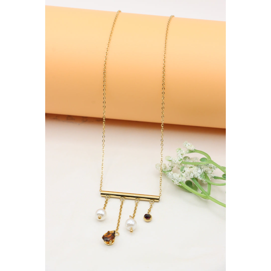 Yellow Gold Plated Pearl Drop Necklace with Crystal Charms, XPNL0361 (2037-1)