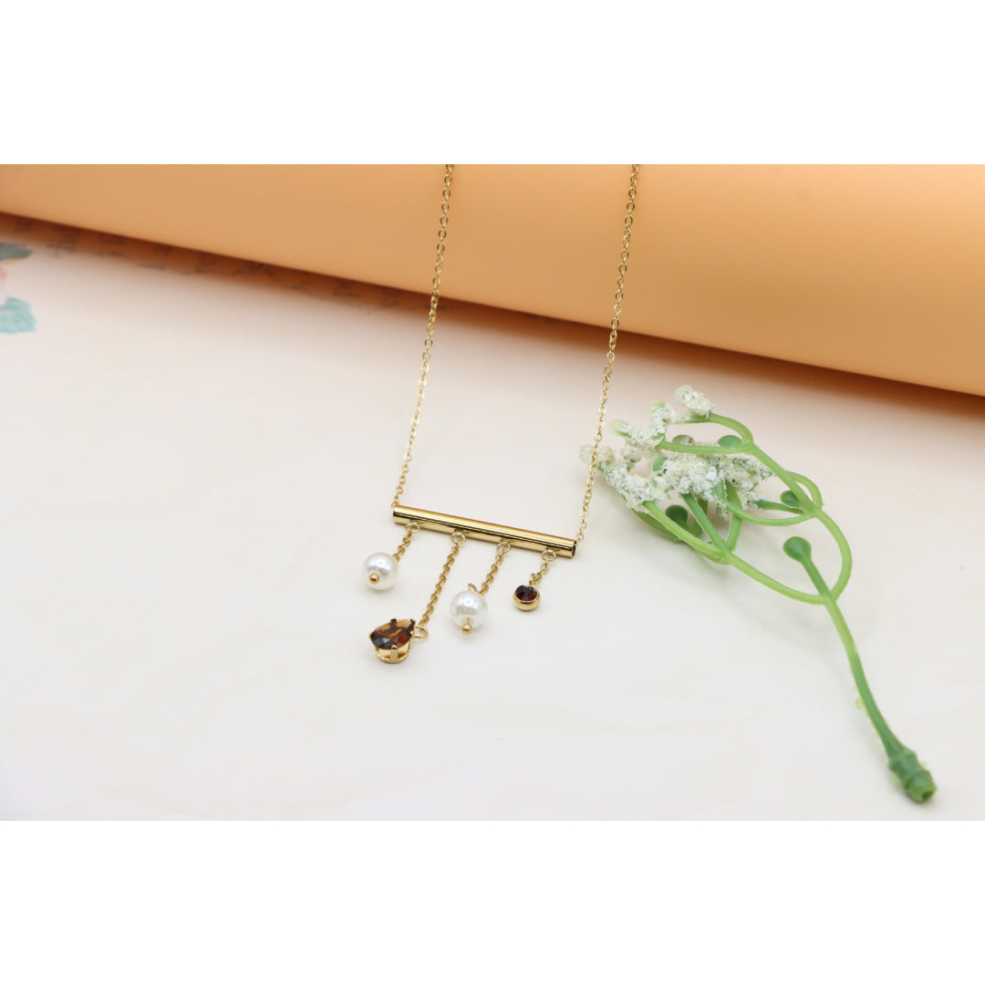 Yellow Gold Plated Pearl Drop Necklace with Crystal Charms, XPNL0361 (2037-1)