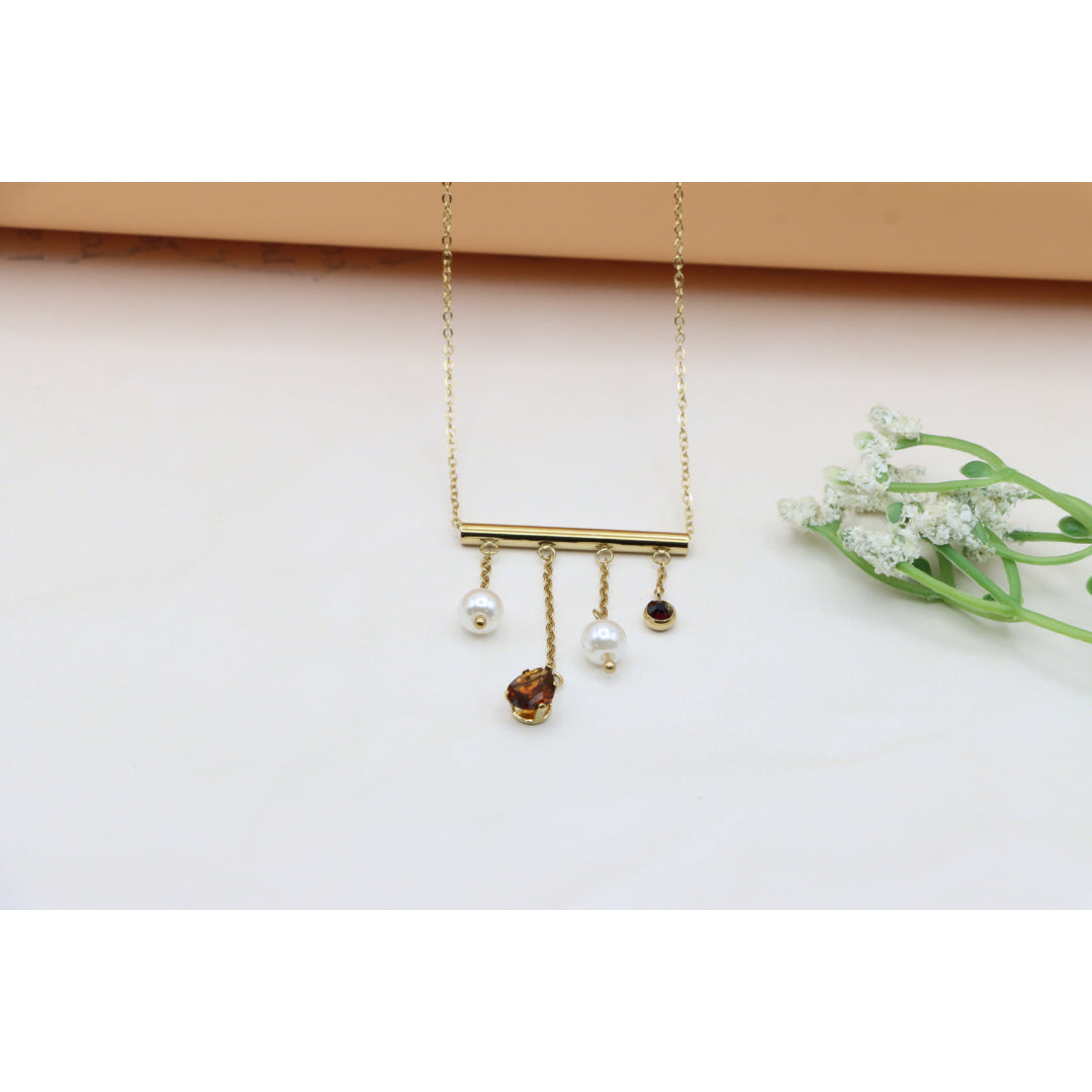 Yellow Gold Plated Pearl Drop Necklace with Crystal Charms, XPNL0361 (2037-1)