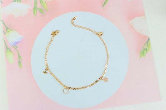 Rose Gold Charm Anklet with Anchor, Circle & Clover Pendants, XPAL1054 (2106-3)