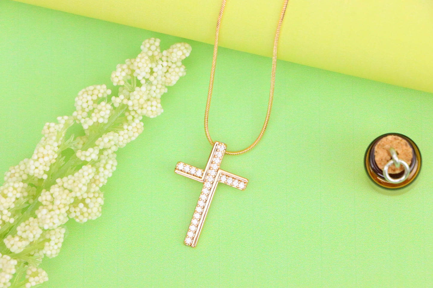 Rose Gold Cross Pendant with White Crystals in Minimalist Design, XPPT1505 (2139-8)