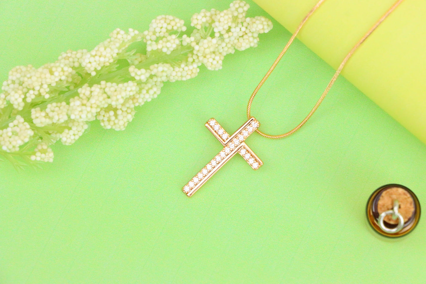 Rose Gold Cross Pendant with White Crystals in Minimalist Design, XPPT1505 (2139-8)