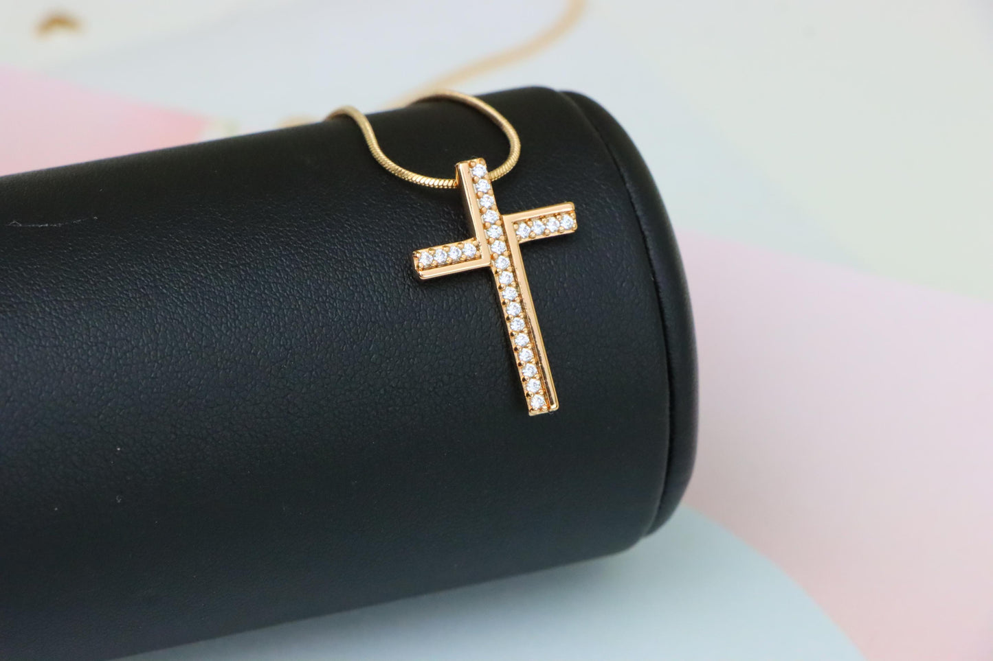 Rose Gold Cross Pendant with White Crystals in Minimalist Design, XPPT1505 (2139-8)