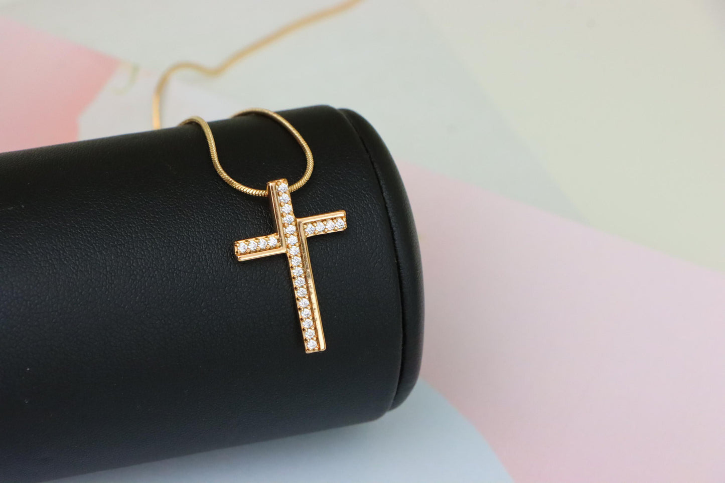 Rose Gold Cross Pendant with White Crystals in Minimalist Design, XPPT1505 (2139-8)