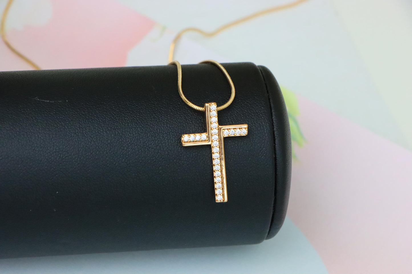 Rose Gold Cross Pendant with White Crystals in Minimalist Design, XPPT1505 (2139-8)