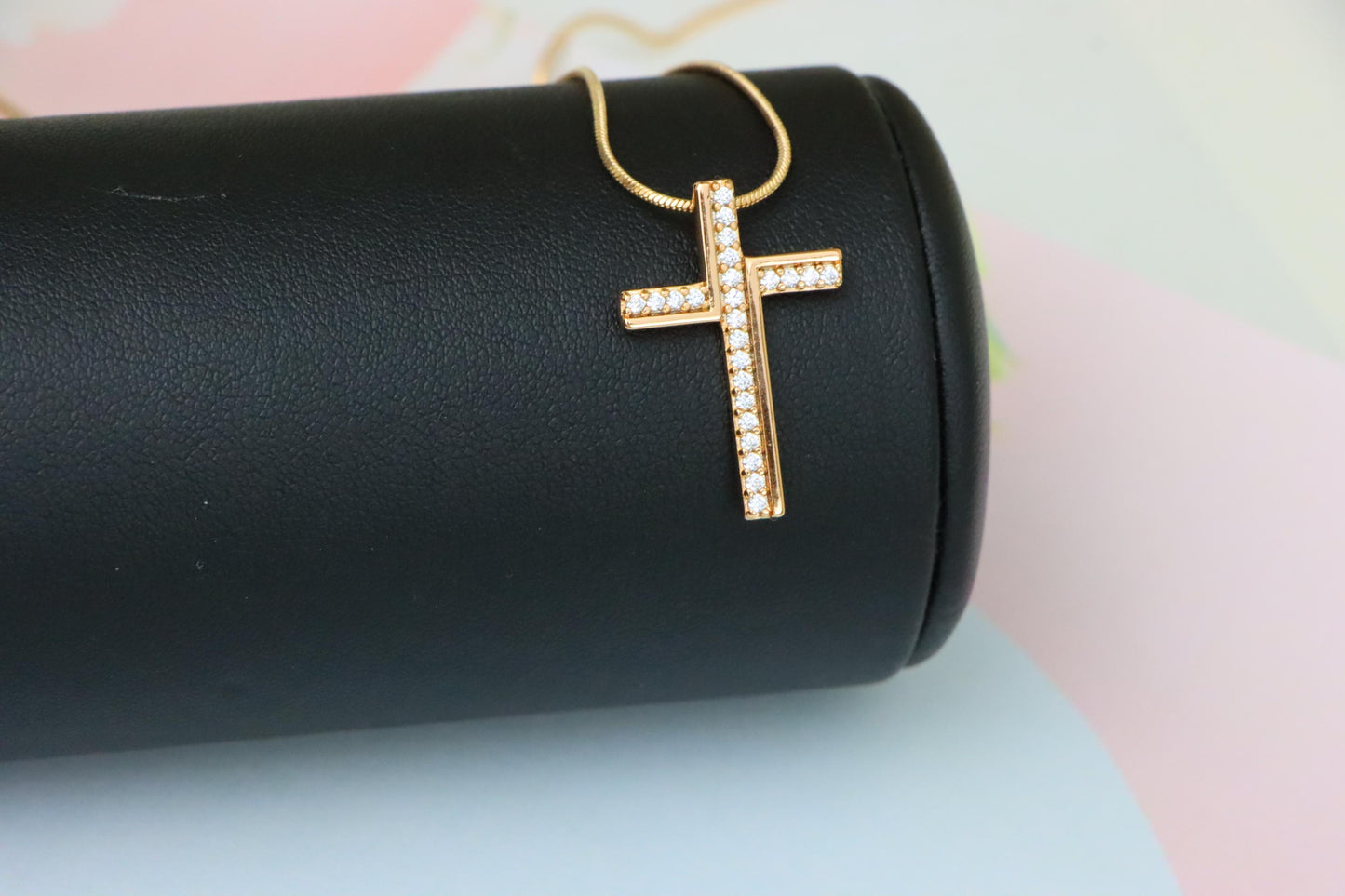 Rose Gold Cross Pendant with White Crystals in Minimalist Design, XPPT1505 (2139-8)